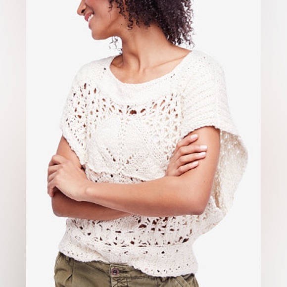 Free People Tops - Free People Cream Diamond In The Rough Short-sleeve Knit Sweater, Size Large